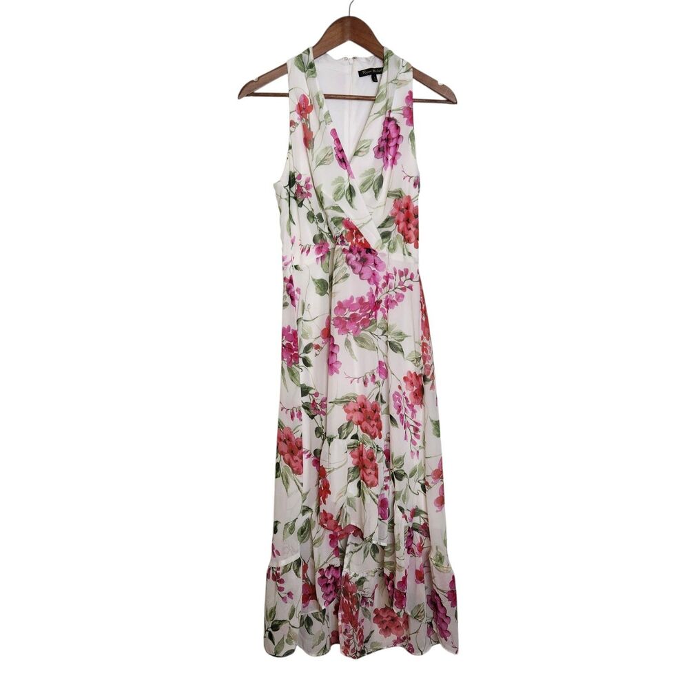 Ryan Michelle Sleeveless Empire Waist Dress White Pink Floral Ruffle Hi-Low Sz S